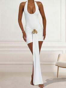 Elegant Sleeveless Square Neck White Knitted Cocktail Dress With Rhinestone Detail Short Party Pencil Dress For Women - White - View 5