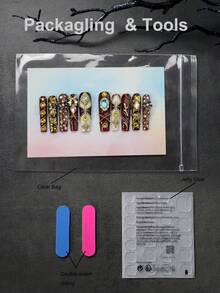 10 pièces Faux ongles à presser longs carrés, style européen, couleurs marron, noir et blanc, ambre, pois, rose, nœud papillon, chrome doré, décoration élégante 3D avec strass, chaîne dorée, carreaux, croix, kit d'ongles à pression complète pour l'automne, pour filles et femmes avec 1 pièce lime à ongles mini et 1 pièce feuille d'onglets adhésifs, nail art gothique pour usage quotidien et fête - Acajou - Voir 7