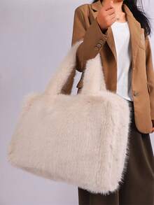 Long Strap Faux Fox Fur Tote - -Wide Large Capacity Tote Bag - Apricot - View 5
