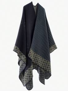 1pc Fashionable Grey Striped Patchwork Warm And Windproof Scarf, Suitable For Autumn/Winter Outings - Navy Blue - View 2