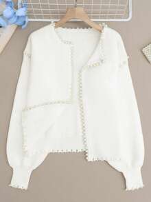 Solid Plain Print Pearl Beaded Trim Decor Crew Neck Bubble Lantern Sleeve Frayed Hem Knit Cardigan For Date Daily Commuter Spring Holiday White - White - View 7