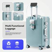 Luggage Set 20/24 Aluminum Frame Luggage Set With Cup Holder & Charge TSA Lock,Hardshell Zipperless Design Carry On And Checked Luggage Unisex (Model A – Black 20inch) - Màu xanh lam - Xem 5