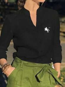 Women's Equestrian Print Solid Color Casual Long Sleeve Shirt With Pockets, Suitable For Daily Wear, Holidays, Travel, Spring/Autumn/Winter - Black Knight Print - View 2