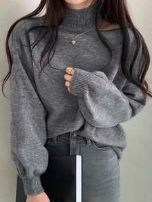 时尚露肩高领毛衣，宽松版型外套 - 灰色 - 查看 2
