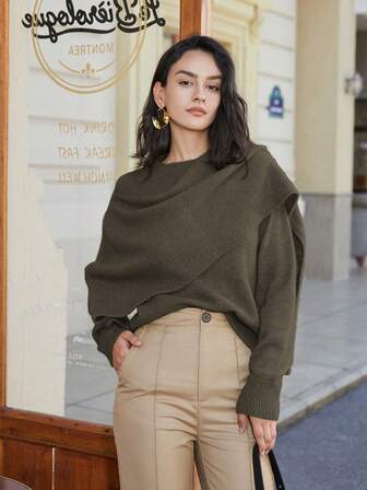 Women's Solid Color Batwing Sleeve Patchwork Poncho Sweater, Elegant And Fashionable Design, Spring Outfits For Women