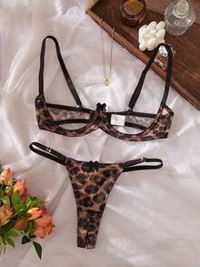 性感女士内衣套装，豹纹网纱文胸和内裤，咖啡棕色，狂野派对 - 棕色 - 查看 2