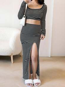 Conjunto de 2 piezas para mujer | Top corto de rayas & falda con abertura | Imprescindible para citas/fiestas de verano - Negro - Ver 1