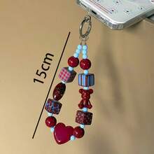 1pc Autumn/Winter Korean Style Ins Square Red & Blue Contrast Geometric Star Phone Lanyard, Cute Bear Pendant Charm Compatible With Android And Most Smartphone,Gifts For Mother, Family, Friends, Birthday, Holiday Phone Chain - Wine Red Bear - View 2