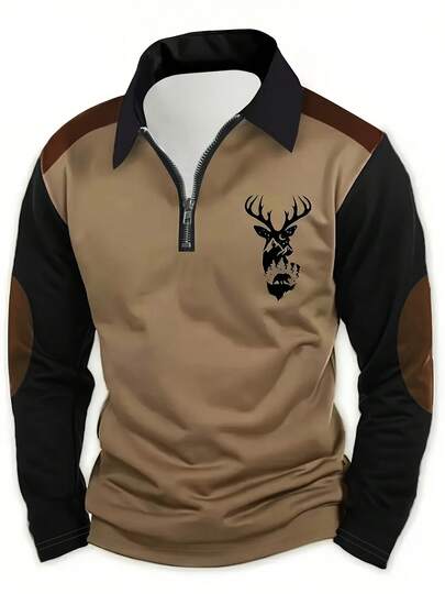 Men's Spring/Summer/Autumn Polo Shirt, Colorblock Patchwork Suede Deer Print Half-Zip Collar Long Sleeve POLO Top, Thin Polyester Fabric, Slim Fit, Suitable For Daily Casual And Outdoor Sports Activities