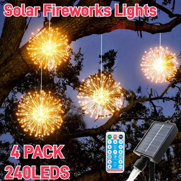 240 LED 태양열 불꽃놀이 조명 - 8가지 조명 모드, 따뜻한/흰색/다채로운 색상, 스마트 조도 센서, 원격 제어, 실내/외 장식용 내구성 플라스틱, 정원, 발코니, 지붕, 처마, 태양열 실외 조명, 정원 조명, 생생한 조명 디스플레이, 조명, 태양열 불꽃놀이 조명, 태양열 불꽃놀이 조명, 태양열 크리스마스 조명, 태양열 폭포 조명