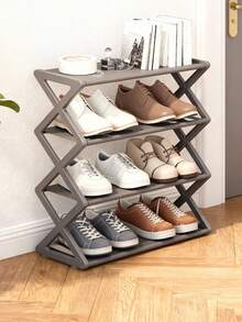 Four-Layer Large Z-Shaped Shoe Rack, Easy To Assemble Without Tools, Pink Plastic Stackable Storage Organizer, Suitable For Home, Dormitory And Living Room, Space-Saving Floor Design, Shoe Storage Organizer
