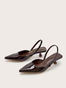 Zapatos de tacón de aguja de piel patentada de unicolor para mujer, elegantes sandalias de tacón alto de punta fina, tacones altos con correa de tobillo de moda, zapatos de vestir para ocasiones formales, bodas y fiestas - Café integral - Ver 3