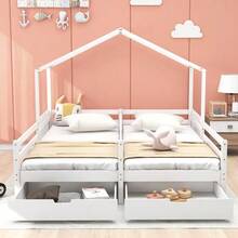 Cabin Bed, Double Bed, Children's Bed, Baby Bed With 2 MDF Drawers, Drawers On Wheels, Pine Slatted Base, White (200x90cm) - 白色 - 查看 3