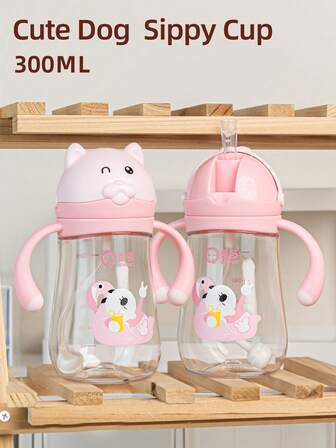 1pc 300ML Dog Shaped Cartoon Style Children's Cup, Made Of Tritan Material , With Handle Anti-Leak Anti-Drop Weighted Ball, Cute Baby Learning Cup, Suitable For 6 Months+ Babies For Home, Outdoor, Kindergarten Use, Holiday Gift