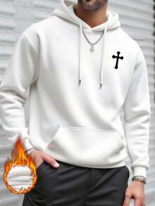 男士休闲简约十字印花抽绳连帽衫，带口袋，返校季长袖上衣 - 白色 - 查看 4