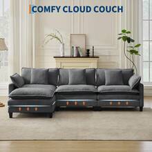 3-Seater Modular Sectional Sofa With 2 Ottomans, Corduroy Deep Seat Couch, Double Layer Cushion, Plush Backrest & Armrest Pillow, Cozy Cloud Couch For Living Room Apartment  146.5" L Modular Sectional Sofa With Ottoman, Corduroy Cloud Couch U-Shaped, Deep Seat Comfy Couch For Living Room, Movable Ottoman & Pillows  112 In U Modular Sectional Sofa, Corduroy Cloud Couch With Movable Ottoman & Throw Pillows, Modern L/U-Shaped Sofa, Comfy Deep Seat Couch For Living Rooms, Offices, Bedroom And Apartment - 灰色-112"-L Shape 3 Seats - 查看 5