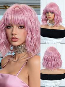12 Inch Pink Short Curly Wave Wig With Bangs Synthetic Heat Resistant Wig For Women Comfortable And Stylish Suitable For Everyday Wear -Party Holiday Cosplay Or Festival Beautiful Wigs For Women - Pink - View 2