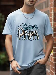 Men's Casual Letter Print Crew Neck Short Sleeve T-Shirt, Summer - Baby Blue - View 3