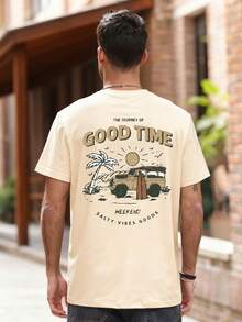 Men's Casual Round Neck Short Sleeve T-Shirt With Slogan & Palm Tree Print, For Summer - Apricot - View 3