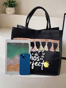 2pcs Black Linen Set With Handle Rope, Colorful Letter Print Pattern, Personalized Gift Suitable For Wedding Anniversary And Friend's Birthday; Women's Fashion Canvas Tote Bag With Button, Thick Linen Bag, Essential For Shopping; Portable Full-Size Work Bag, Suitable For Work, Shopping, Shoulder Carry, Unisex, Perfect Gift, Daily Necessity, Christmas Gift, Ideal Birthday/Christmas/Anniversary Present, Small Gift Exchange