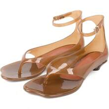 Agodor Jelly Thong Heeled Sandals For Women,Clear Flip Flop Low Kitten Heels For Women Square Open Toe Strappy Summer Casual Beach Adjustable Buckle Dress SandalsChristmas - 棕色 - 查看 1