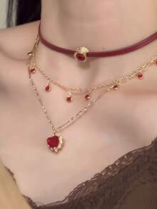 2件套红色爱心叠层吊坠项链，时尚女士饰品