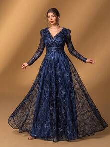 Faeriesty Đầm dạ hội Mosy Elegant dành cho mẹ cô dâu: Đầm ren đính sequin với tay áo voan mỏng – Thiết kế lãng mạn tinh tế cho tiệc cưới trên bãi biển, buổi hẹn hò và các buổi tiệc tối trang trọng. - Màu xanh hải quân - Xem 8