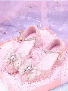 Zapatos de tacón alto con cristales azules para niñas, nuevas sandalias infantiles, zapatos con decoración de lazo de encaje hueco y semi-cerrados, zapatos de fiesta de princesa con brillo - Tacones pequeños cómodos adecuados para niñas, diseño de hebilla con brillo rosa - Rosa - Ver 10