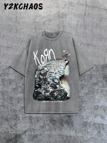 Y2KCHAOS Vintage Band Tee For Men And Women – Dark Gray Cotton T-Shirt With Korn Logo And Grunge Graphic Print, Distressed Rock Music Design, Perfect For Hardcore Fans And Alternative Fashion Lovers – Vintage Style (250 Washed Cotton T-Shirt) Manfinity - Xám - Xem 1