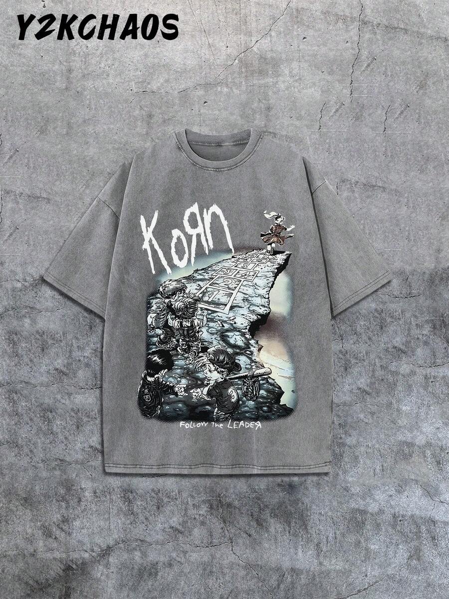 Y2KCHAOS Vintage Band Tee For Men And Women – Dark Gray Cotton T-Shirt With Korn Logo And Grunge Graphic Print, Distressed Rock Music Design, Perfect For Hardcore Fans And Alternative Fashion Lovers – Vintage Style (250 Washed Cotton T-Shirt) Manfinity - Xám - Xem 1