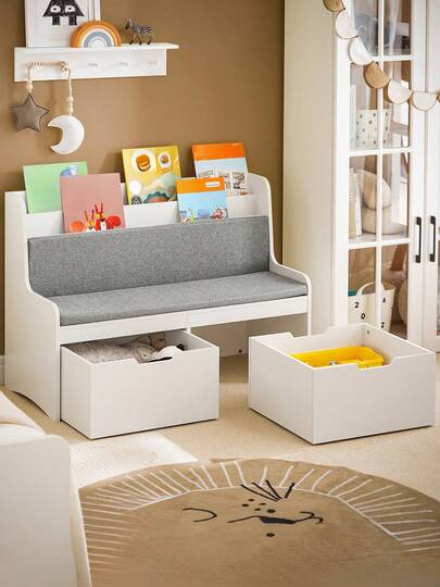 SoBuy KMB66-W, förvaringsbänk för barn för barn med ryggstöd, sittdyna och mobila förvaringskistor, leksakslåda Leksakslåda förvaringsskåp