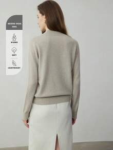 100% 美利奴羊毛纯色高领套头毛衣，百搭内搭，女士保暖冬装 - 灰色 - 查看 2