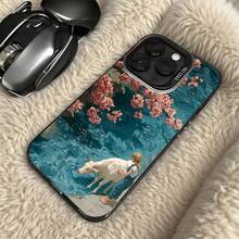 Cubierta de telefono con borde transparente y diseño floral azul con vaca y persona en paisaje acuatico para uso diario en cafeterias - Negro - Ver 5