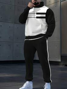 Men's Two-Piece Set, Black And White Contrasting Digital Print Design Hoodie Matched With Casual Comfortable Sports Long Pants. Men's Long Sleeve Hoodie And Casual Long Pants Outfit, Regular Fit High-Quality Soft Comfortable Fabric, Wrinkle-Resistant And Easy To Manage. Ideal For Casual Sports, Best Outfit For Anniversary Occasions, Suitable For All Holiday Gifts.