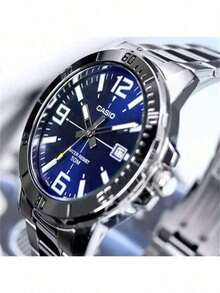 Casio 卡西欧 MTP-VD01D-2B 男士不锈钢表带石英模拟手表，运动设计，适合日常佩戴，男士礼物 - 藍色西裝 - 查看 4