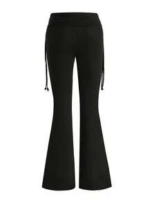 AiTyi 女士大码休闲裤，时尚性感修身款，适合毕业典礼、返校季及所有季节，罗纹腰带和喇叭裤脚针织长裤，黑色，春季款 - 黑色 - 查看 7