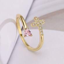 1pc Elegant Copper Zirconia Cross & Heart Design Ring, High Quality Jewelry Gift For Women, Party/Date Occasion - Pink - View 4