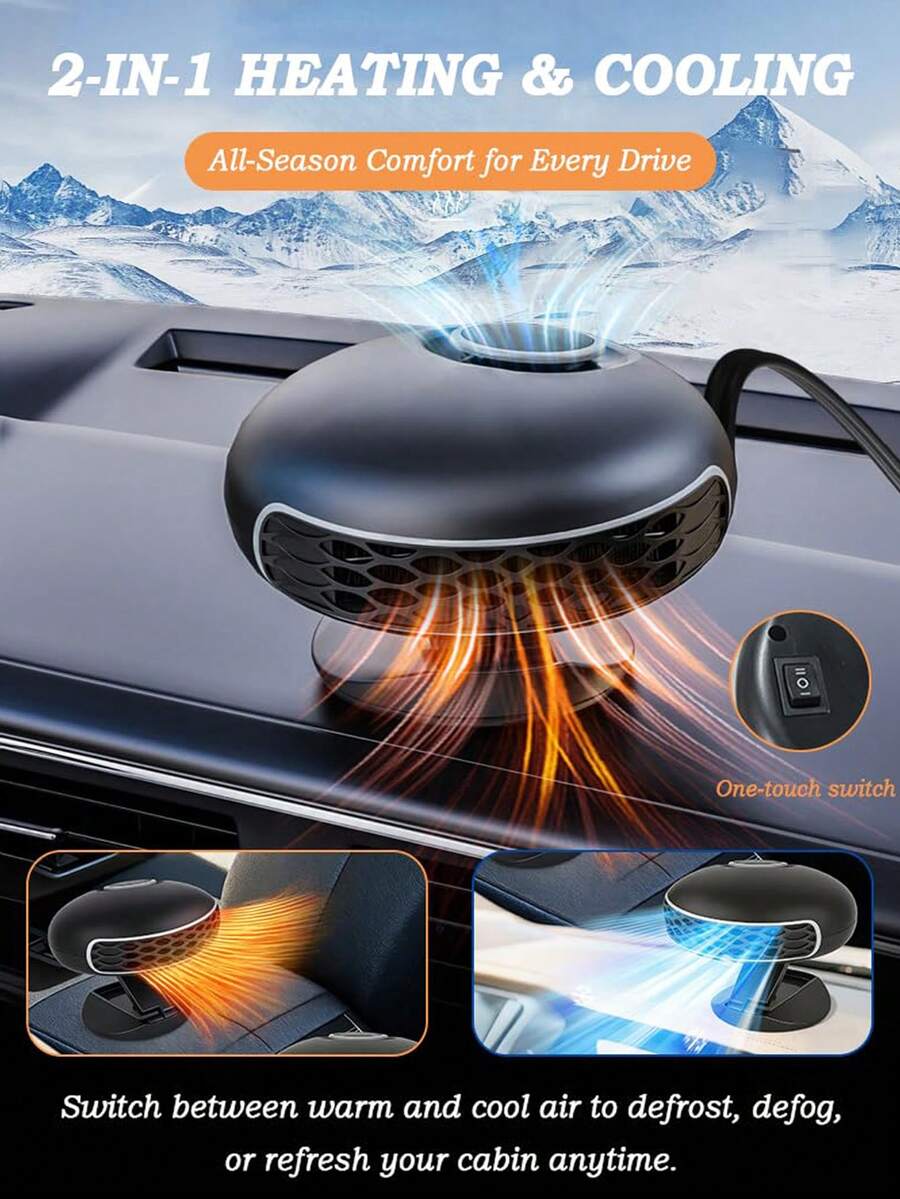 Calentador y descongelador portátil para automóvil de 12V, ventilador de calentamiento y enfriamiento rápido, calentador para automóvil enchufable, descongelador de parabrisas, calentador de automóvil giratorio 360°, adecuado para sedanes, SUV y autocaravanas - Negro - Ver 1