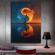 [2D Flat] 1Pc Framed Ready To Hang, Retro Graffiti Tree Tree Of Life Scenery Canvas Wall Art, Modern Abstract Yin Yang Tree With Reflection Posters Painting Pictures Wrapped Framed Print, Home Decor Bedroom Living Room Wall Decor For Spiritual Seekers, Balanced Art Style - Màu tím - Xem 3