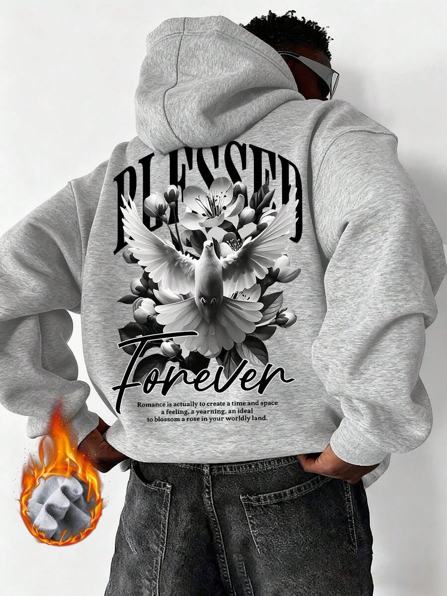 K-GLORY Men's Hoodie, New Autumn/Winter Street Style Peace Dove & English Slogan Print Thermal Lined Pullover Sweatshirt - Grey - View 1