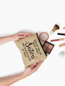 1 pièce Sac de maquillage "Soul Sister", design réconfortant "Les sœurs sont toujours proches du cœur", pochette de cosmétiques en lin avec design en forme de cœur, cadeau parfait pour les sœurs, les meilleures amies et les essentiels de voyage, citation "À mes côtés, à des miles de distance", organisateur compact et élégant, sac de voyage pour maquillage, pour mariage, anniversaire, Noël et Thanksgiving - Multicolore - Voir 5