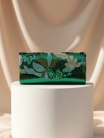 Random Pattern Women's Floral Valentine's Day Gift Love Holiday Date Silver Clutch Bags V Design Metal Chain Glitter Sequined Evening Bags With Envelope Party Wedding Casual Lady Handbags Banquet Dinner Purse