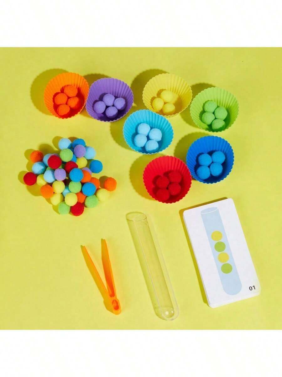1 Set Pom Pom Sorting Tubes Color Matching Toys, Children Colorful Plush Ball Card Pairing Educational Toys, Color Recognition, Focus, Fine Motor Skills Development