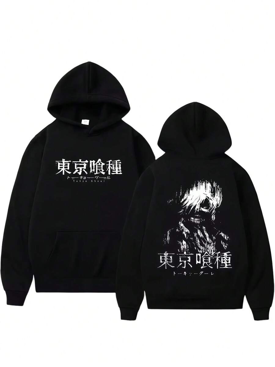 Anime Tokyos Ghouls Kaneki Ken Face Graphic Hoodie Men Women Casual Fleece Cotton Pullover Hoodies Male Cartoon Fashion Tracksuit - 黑色 - 查看 1