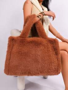 Long Strap Faux Fox Fur Tote - -Wide Large Capacity Tote Bag - Brown - View 2