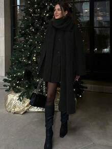 2025 New Women's Autumn/Winter Christmas Date Jacket, Suitable For Daily Outings, Elegant French Style With Scarf, Mid-Length Loose Round Neck, Front Button Waist Belt, Side Pockets - Black - View 5