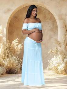 JustVH 2pcs Maternity Off-Shoulder Ruffle Hem Crop Top And Flowing Maxi Skirt Set, Suitable For Photography And Beach Wear Spring - Baby Blue - View 5