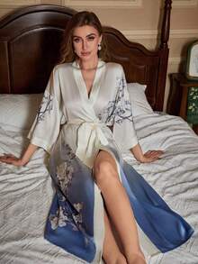 复古优雅宽松花卉印花中长渐变和服罩衫，系带性感长袍，沙滩罩衫，泳衣裹身裙，夏季轻薄外套 - 藍白色 - 查看 5