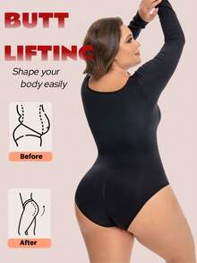 1pc Women's Long Sleeve Shapewear, Round Neck Basic Style, Tummy Control & Butt Lifting Bodysuit