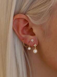 Nooxian 3pcs/Set Elegant Pearl Four-Leaf Clover Earrings & Studs Set, Suitable For Women's Daily Wear - Yellow Gold - View 1